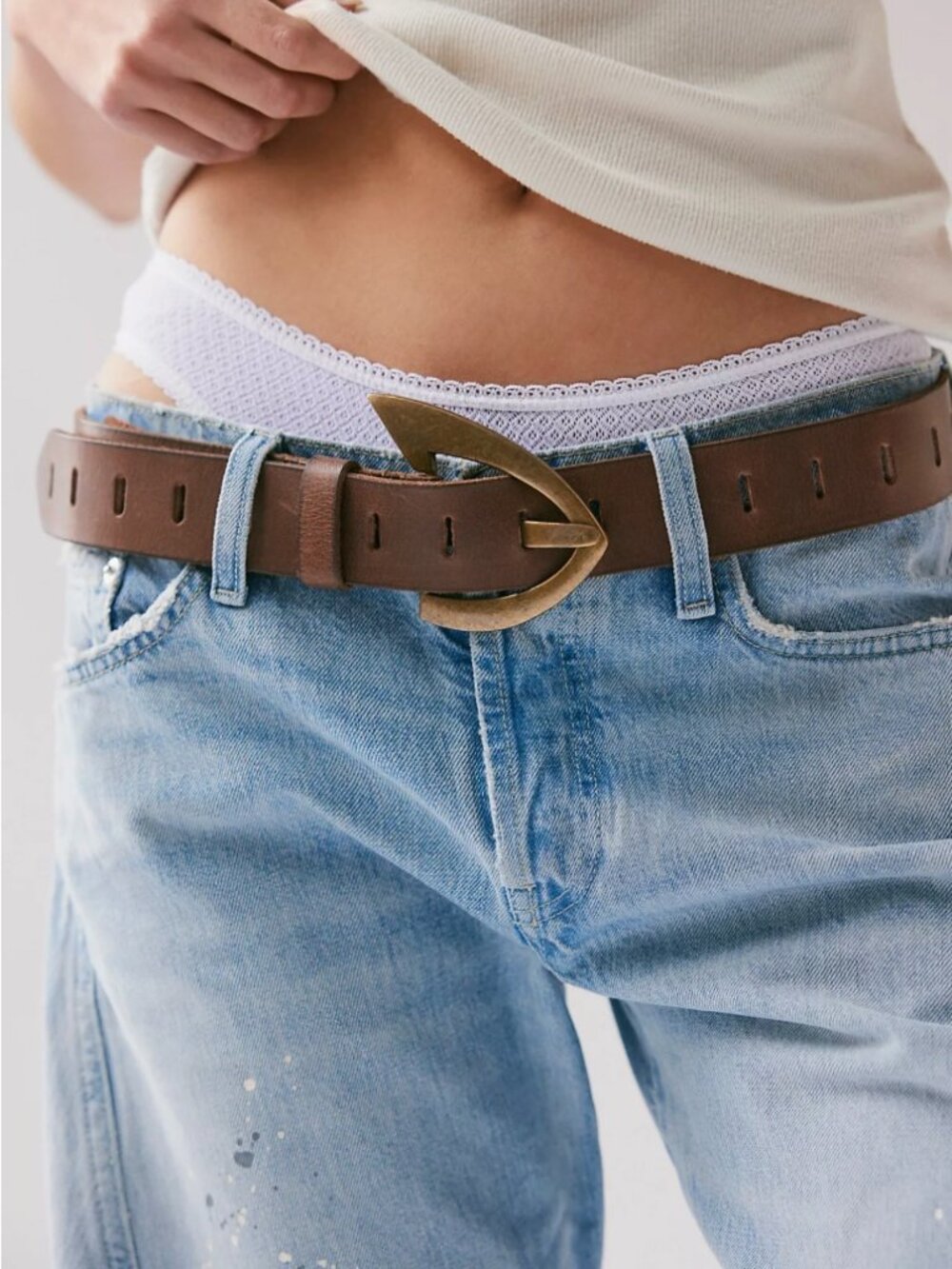 NWT Free People Noa Leather Belt Brown Brass Buckle Cowgirl Festival S-M $58